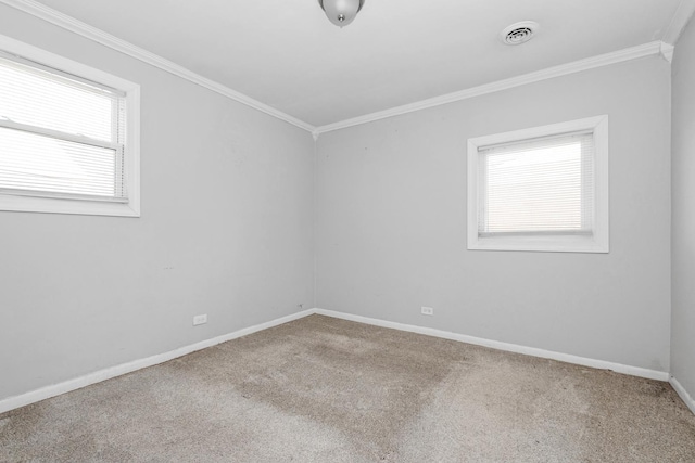 carpeted spare room featuring plenty of natural light and crown molding