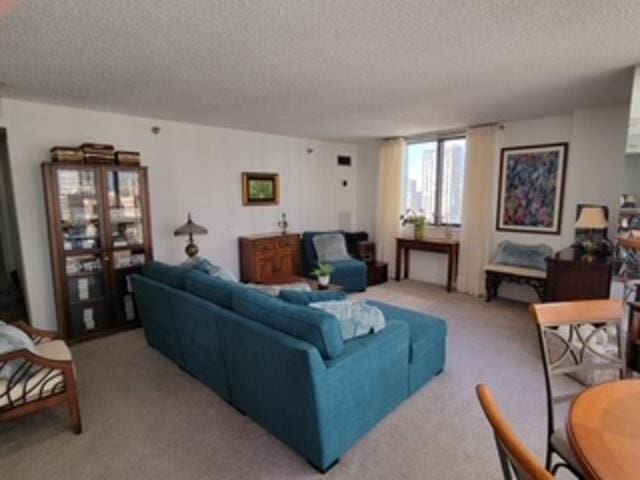 living room with a textured ceiling and light colored carpet