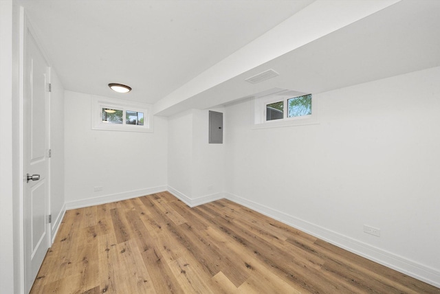 basement with electric panel and light hardwood / wood-style flooring