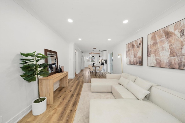 living room featuring ornamental molding and hardwood / wood-style flooring