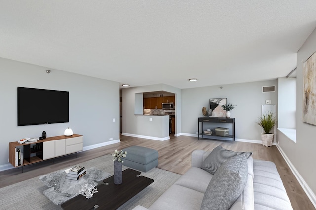 living room featuring a textured ceiling and hardwood / wood-style flooring