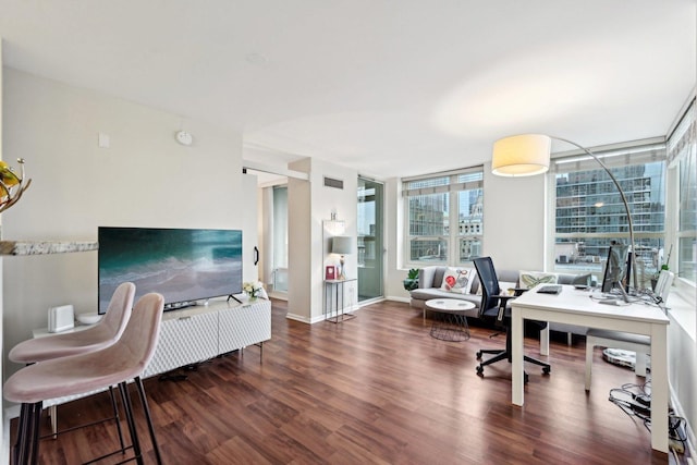 office with wood-type flooring and a wall of windows