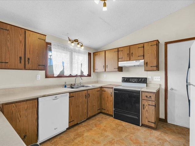 kitchen featuring white dishwasher, sink, vaulted ceiling, a textured ceiling, and black range with electric cooktop