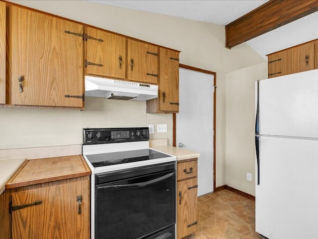 kitchen featuring beamed ceiling and white appliances