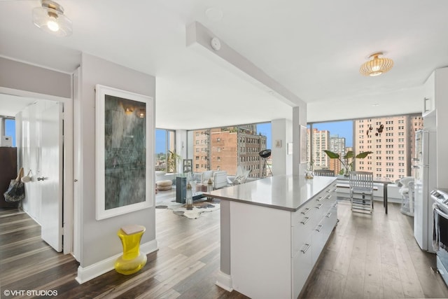 kitchen with floor to ceiling windows, dark wood-type flooring, a kitchen island, stove, and white cabinets