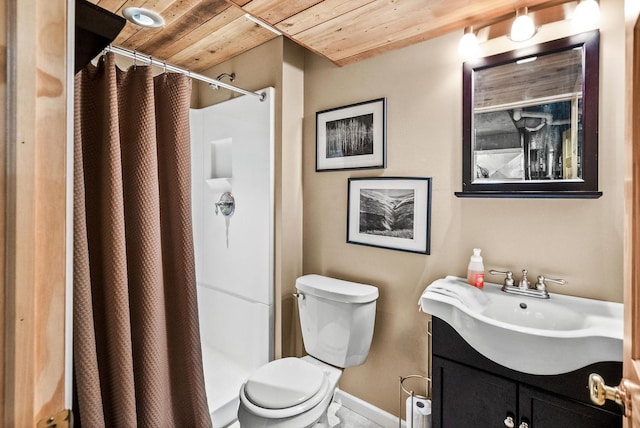 bathroom featuring vanity, toilet, wooden ceiling, and a shower with curtain