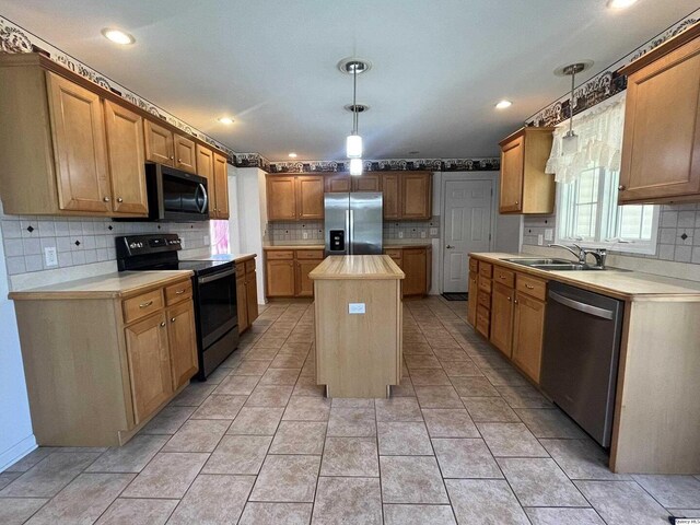 kitchen with stainless steel refrigerator with ice dispenser, light tile patterned flooring, and backsplash