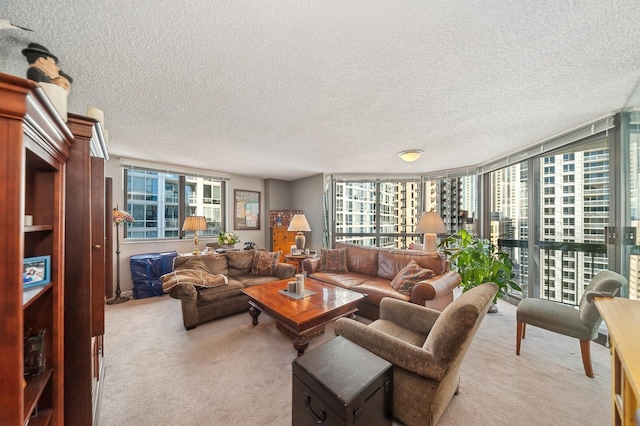 carpeted living room with a textured ceiling and expansive windows