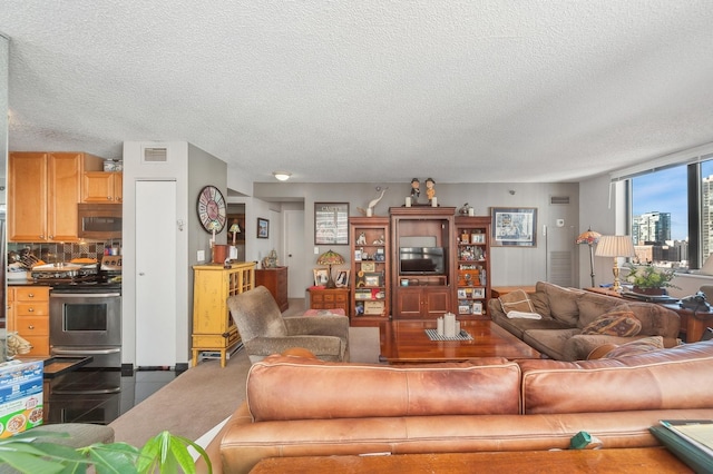 living room featuring a textured ceiling