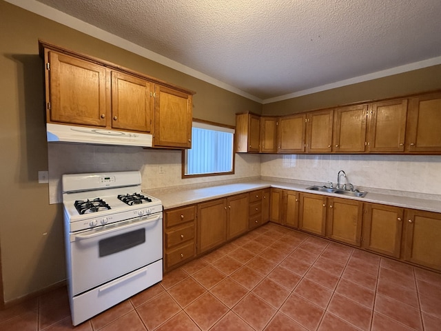 kitchen featuring a textured ceiling, crown molding, sink, and gas range gas stove