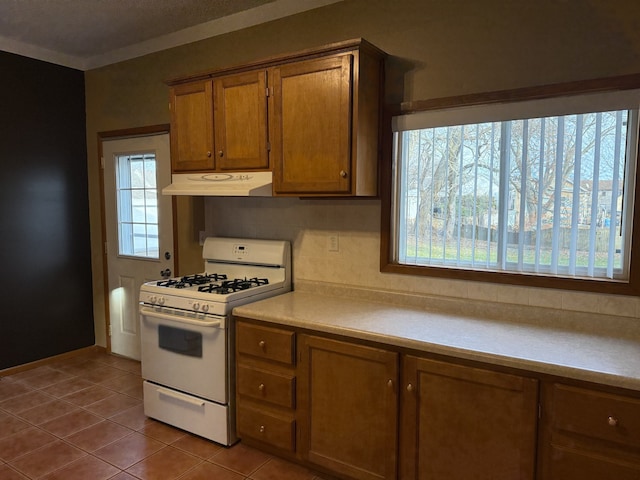 kitchen featuring tile patterned floors, crown molding, tasteful backsplash, and white range with gas stovetop