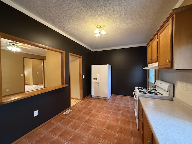 kitchen with a textured ceiling, ceiling fan, white appliances, and crown molding