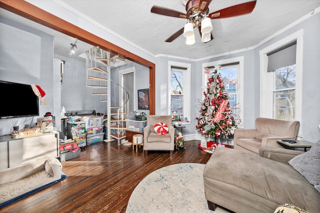 living room with crown molding, ceiling fan, dark wood-type flooring, and a textured ceiling