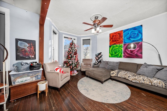 living room with ceiling fan, hardwood / wood-style floors, crown molding, and a textured ceiling