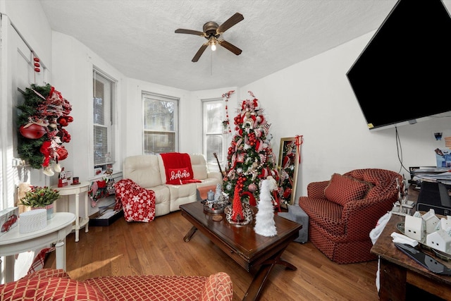 living room featuring ceiling fan, a textured ceiling, and hardwood / wood-style flooring