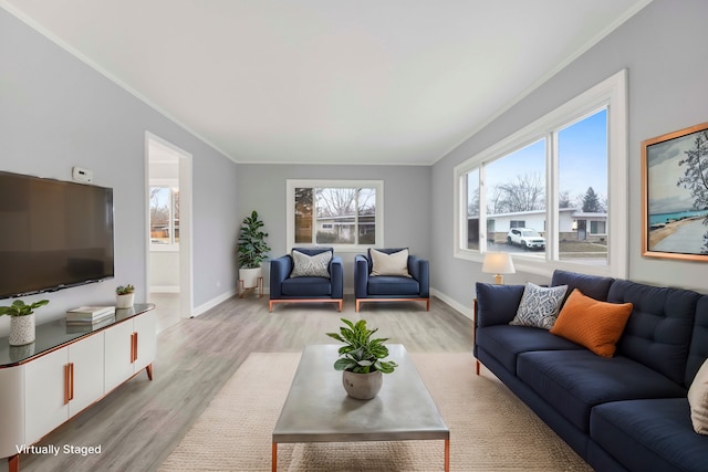 living room with light hardwood / wood-style floors and ornamental molding