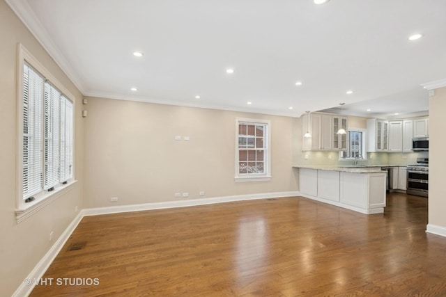 unfurnished living room with sink, ornamental molding, and hardwood / wood-style flooring