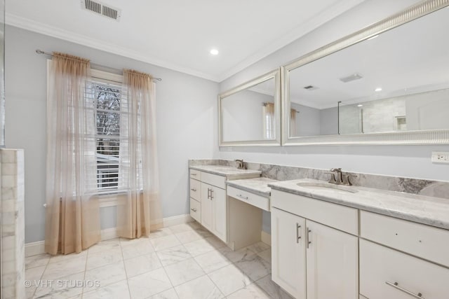 bathroom featuring vanity and ornamental molding