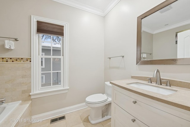 bathroom with ornamental molding, tiled bath, toilet, tile patterned floors, and vanity