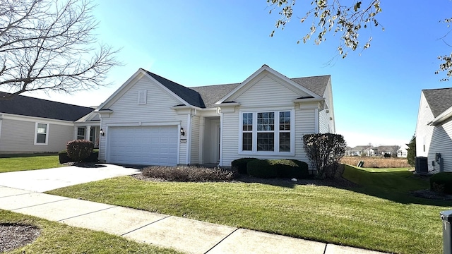 ranch-style house with a front lawn, cooling unit, and a garage