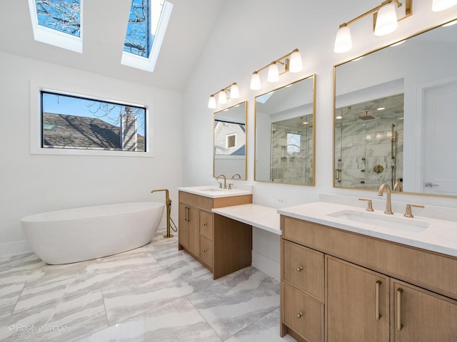 bathroom with plus walk in shower, vanity, and vaulted ceiling with skylight