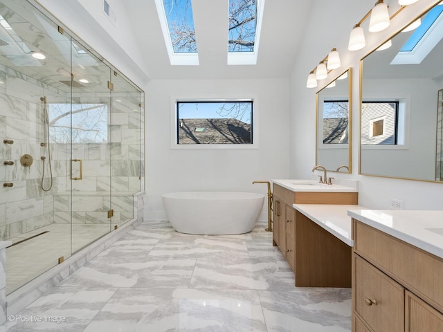 bathroom featuring vanity, lofted ceiling, and shower with separate bathtub