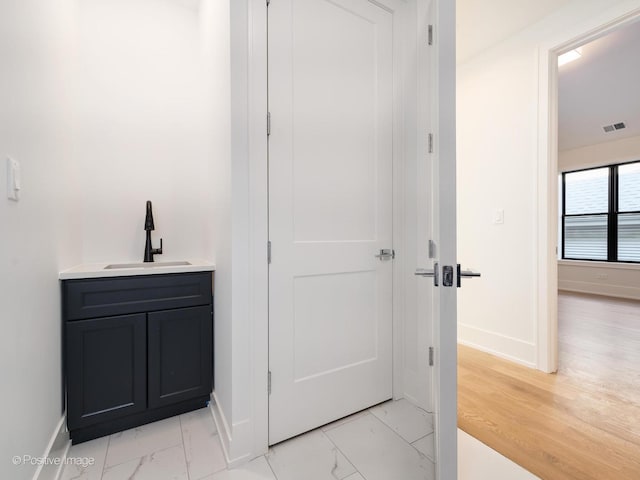 bathroom with hardwood / wood-style floors and vanity