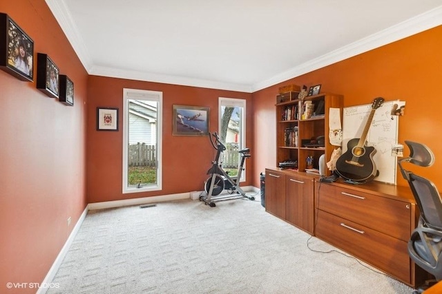 workout room with ornamental molding, visible vents, carpet floors, and baseboards