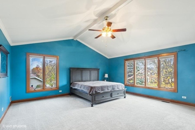 bedroom featuring carpet floors, visible vents, lofted ceiling with beams, and baseboards