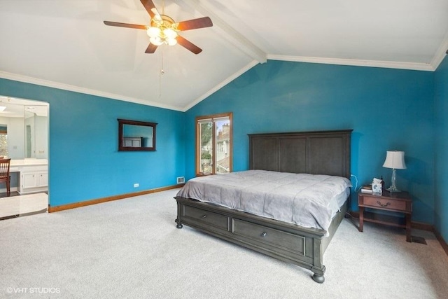 bedroom featuring baseboards, vaulted ceiling with beams, carpet, crown molding, and multiple windows