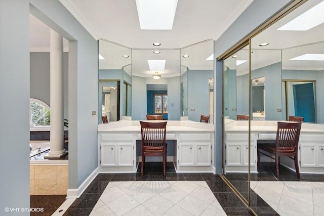 full bath featuring ornamental molding, recessed lighting, vanity, and baseboards