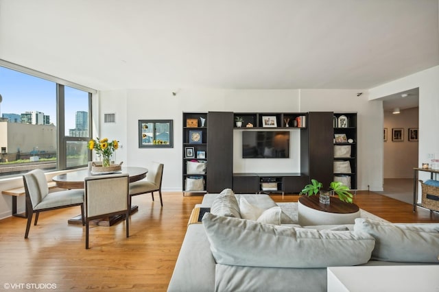 living room with floor to ceiling windows and light hardwood / wood-style floors