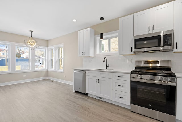 kitchen featuring decorative backsplash, stainless steel appliances, sink, white cabinets, and hanging light fixtures