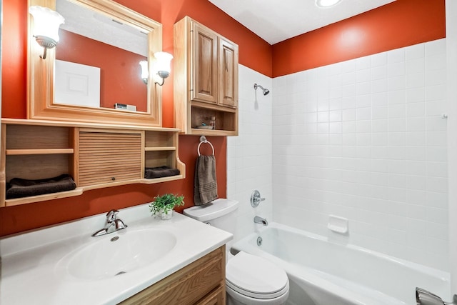 full bathroom with toilet, vanity, and bathing tub / shower combination