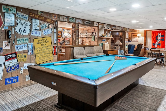 playroom featuring billiards, wooden walls, and carpet floors