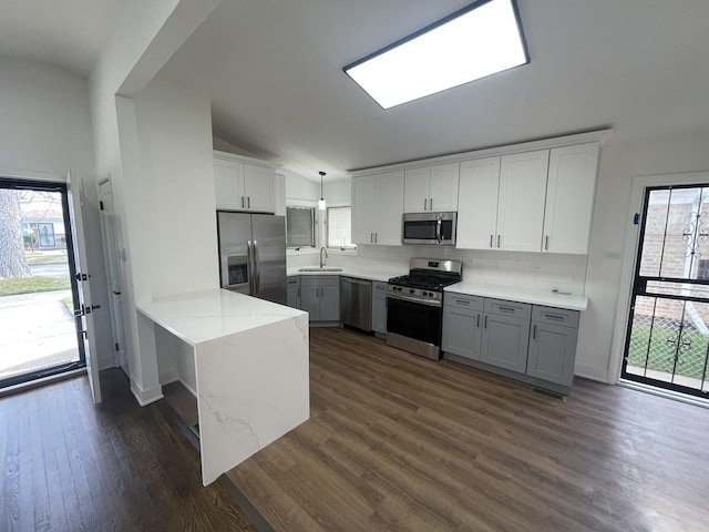 kitchen featuring pendant lighting, lofted ceiling, sink, dark hardwood / wood-style flooring, and stainless steel appliances