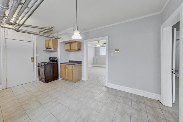 kitchen featuring black gas range oven, decorative light fixtures, ceiling fan, and ornamental molding