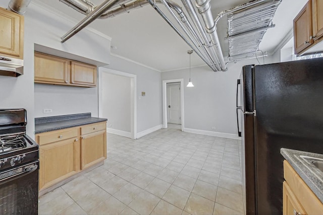 kitchen with black appliances, decorative light fixtures, ornamental molding, and light tile patterned floors