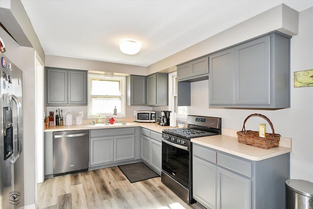 kitchen with gray cabinets, light wood-type flooring, and appliances with stainless steel finishes