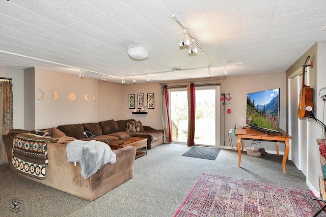 living room with carpet flooring and rail lighting