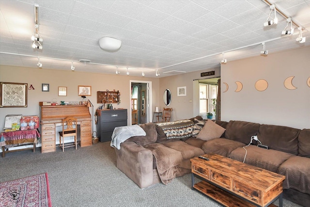 living room with rail lighting and carpet floors