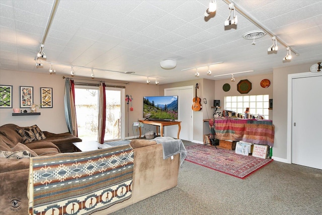 carpeted living room featuring track lighting