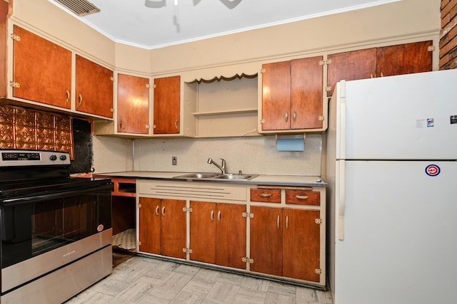 kitchen featuring white refrigerator, sink, electric range, ornamental molding, and tasteful backsplash