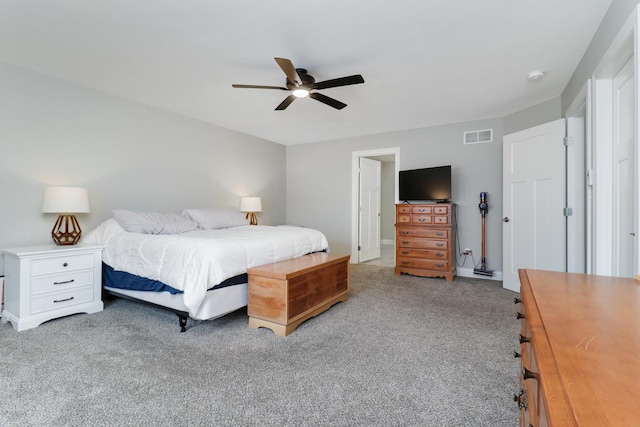 bedroom with light colored carpet and ceiling fan