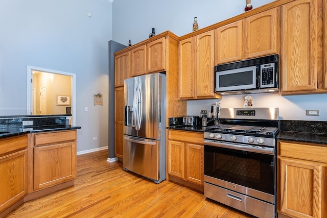 kitchen featuring light wood-type flooring, stainless steel appliances, and dark stone counters