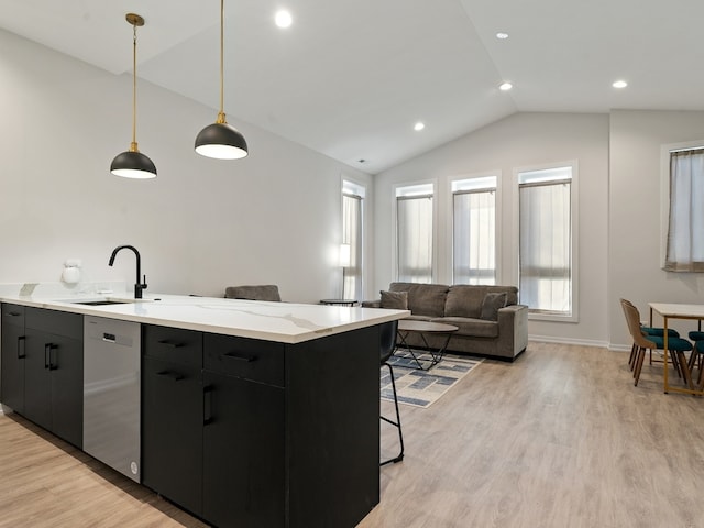 kitchen with sink, decorative light fixtures, light hardwood / wood-style flooring, dishwasher, and lofted ceiling