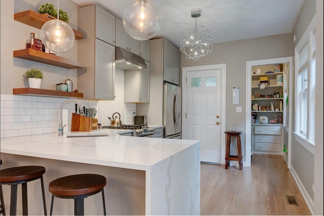 kitchen featuring kitchen peninsula, decorative backsplash, a kitchen breakfast bar, stainless steel appliances, and sink