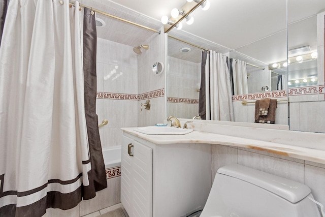 full bathroom featuring shower / bath combo, tile walls, and toilet