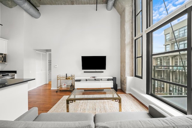 living room with hardwood / wood-style floors and a towering ceiling