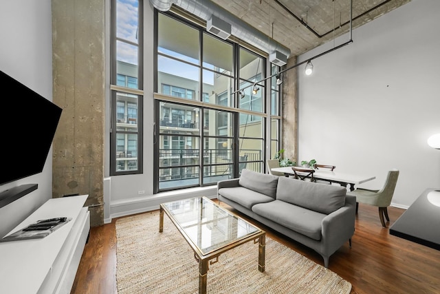 living room featuring a towering ceiling and dark hardwood / wood-style floors